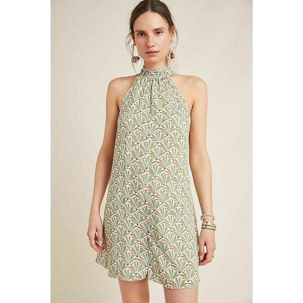 Anthropologie Maddie Green Palm Leaf Print Halter High Neck Romper Size XS‎